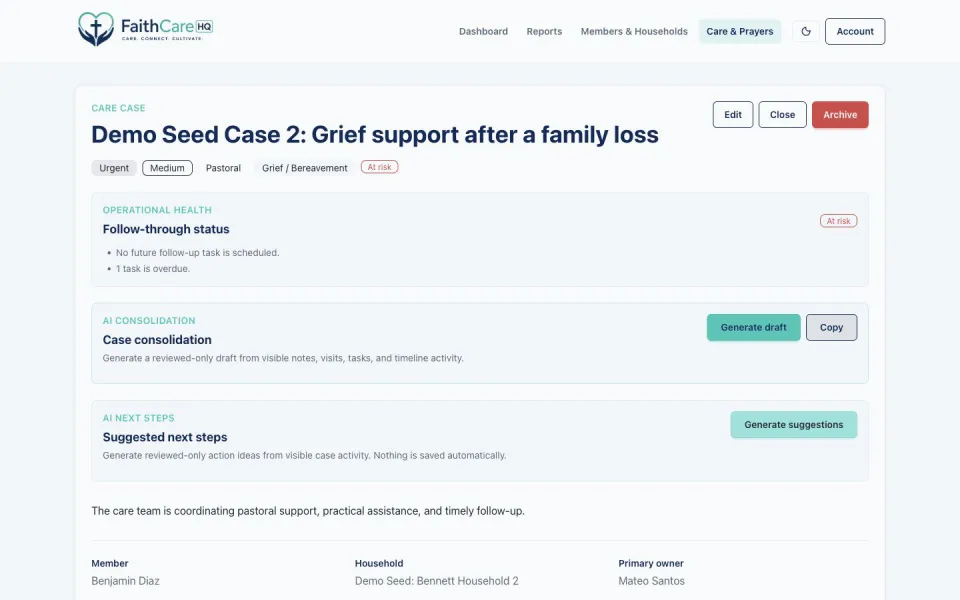 Fictional care case showing AI consolidation and suggested-next-step controls