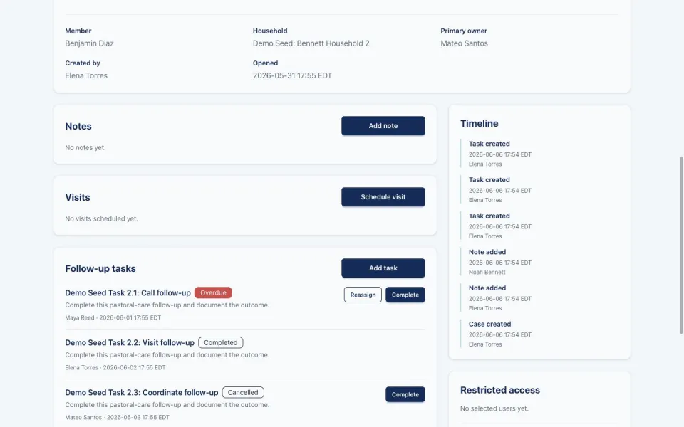 Fictional care-case page showing pastoral context, AI tools, ownership, and follow-up controls
