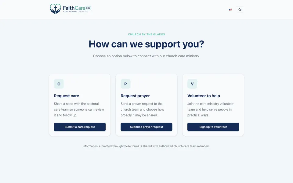 Fictional public church page showing options to request care, share a prayer request, or volunteer