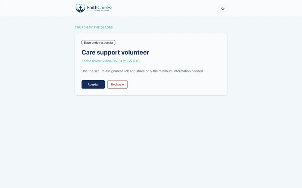 Fictional volunteer assignment page with accept and decline actions
